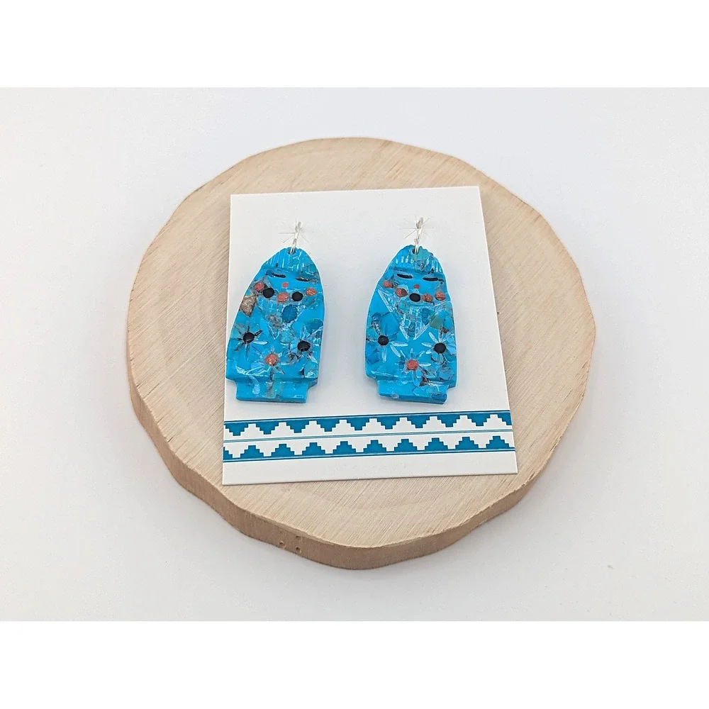 Navajo Dangle Earrings‎ Hand cut Native American Green Turquoise Slab Jewelry **